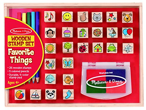 Melissa & Doug Wooden Stamp Set, Favorite Things - 26 Wooden Stamps, 4-Color Stamp Pad