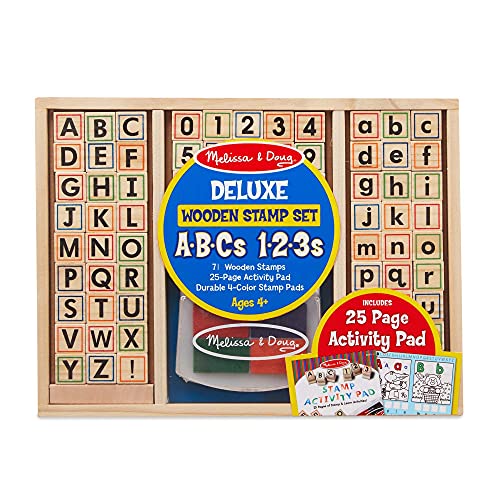 Melissa & Doug Deluxe Letters and Nubers Wooden Stamp Set ABCs 123s With Activity Book, 4-Color Stamp Pad
