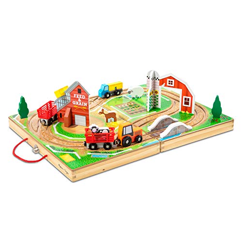 Melissa & Doug 17-Piece Wooden Take-Along Tabletop Farm, 4 Farm Vehicles, Play Pieces, Barn, Grain House