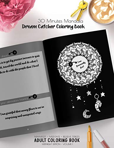 30 Minutes Mandala, Dream Catcher Coloring Book - Manifest - Meditate - Relieve Stress Adult Coloring Book - Midnight Edition - Volume 1: Tribal ... Catcher Mandala Coloring Book Collection)