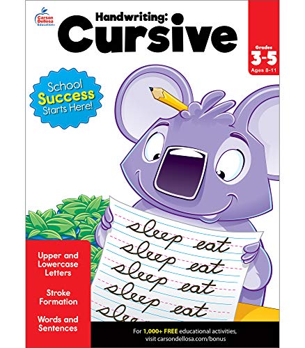 Carson Dellosa Cursive Activity Workbook Grades 3-5??????Strokes, Upper And Lowercase Letters, Words And Sentence Building Handwriting Practice For Kids (80 Pgs)