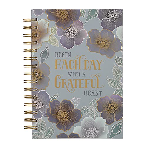 Large Hardcover Journal, Begin Each Day With A Grateful Heart, Gray/Purple Gold Floral Inspirational Wire Bound Spiral Notebook W/192 Lined Pages, 6?????? X 8.25??????