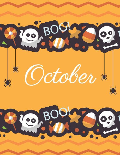 October : Boo Boo Halloween Orange Cover And Dotted Pages, Extra Large (8. 5 X 11) Inches, 110 Pages, White Paper
