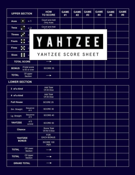 Yahtzee Score Sheet : Yahtzee Games Record Score, Scoresheet Keeper Notebook, Yahtzee Score Sheet, Yahtzee Score Card, Write In The Player Name And Record Dice Thrown, 100 Pages