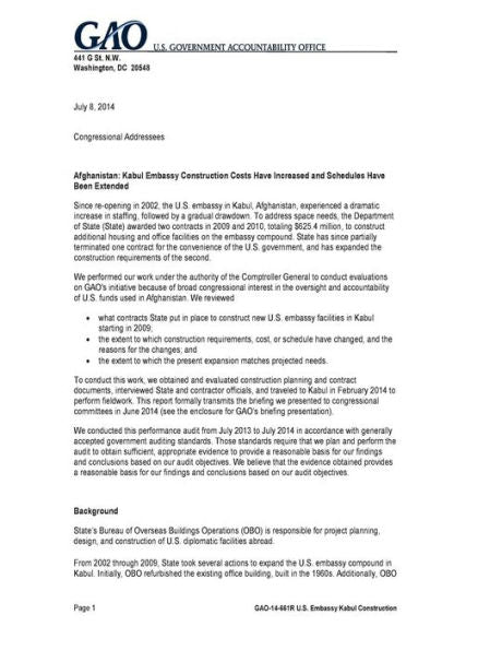 Afganistán - Los costes de construcción de la embajada de Kabul han aumentado y los plazos se han ampliado /