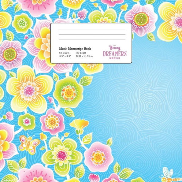 Music Manuscript Book : Floral Pattern On Blue, Large Kids Stave Paper