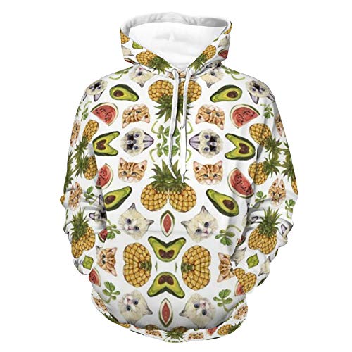 Unisex Women Men Hoodies Long Sleeve Stretchy Pull-Over Hoodie Avocado Watermelon Pineapple And Cat Pattern Autumn Outfit For Daily Wear
