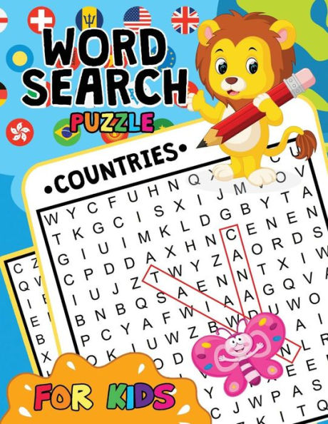 Rompecabezas de búsqueda de palabras de países para niños: libro de trabajo de aprendizaje de actividades fácil y divertido con lindas páginas para colorear de unicornios
