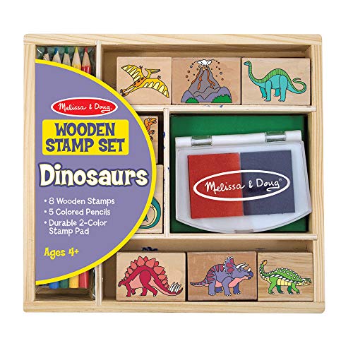 Melissa & Doug Wooden Stamp Set: Dinosaurs - 8 Stamps, 5 Colored Pencils, 2-Color Stamp Pad