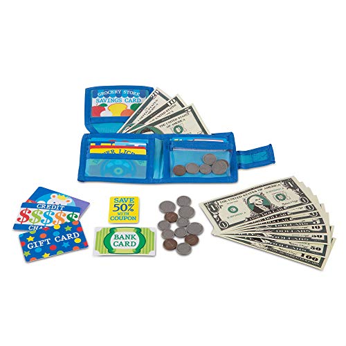 Melissa & Doug Pretend-to-Spend Toy Wallet With Play Money and Cards (45 pcs) , Blue