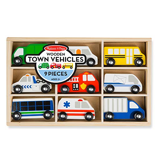 Melissa & Doug Wooden Town Vehiles Set in Wooden Tray (9 pcs)