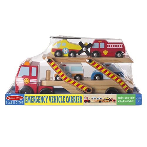Melissa & Doug Wooden Emergency Vehicle carrer Truck With 1 Truck and 4 Rescue Vehiles