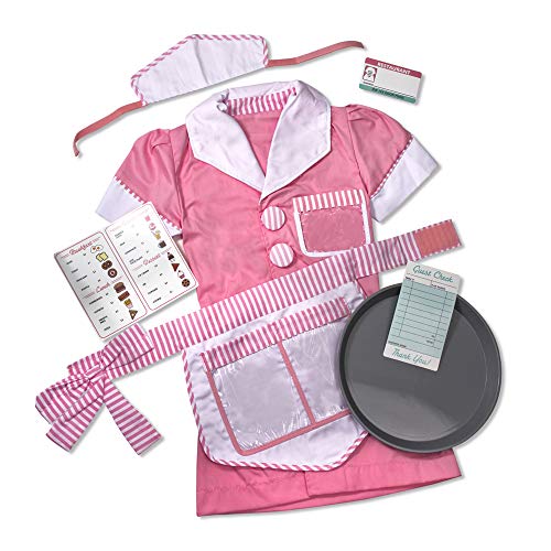 Melissa & Doug Waitress Role Play Costume Set (7 pcs) - Includes Apron, Order Pad, Cap Pink 3-6 years