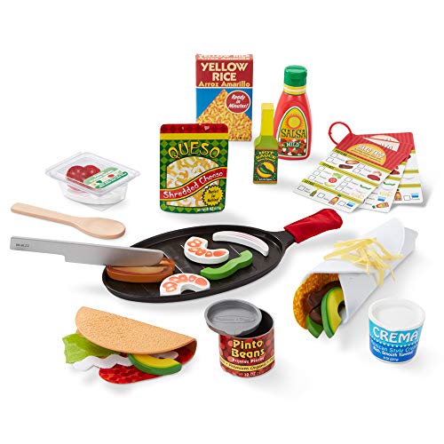 Melissa & Doug Fill & Fold Taco & Tortilla Set, 43 Pieces ? Sliceable Wooden Mexican Play Food, Skillet, and More