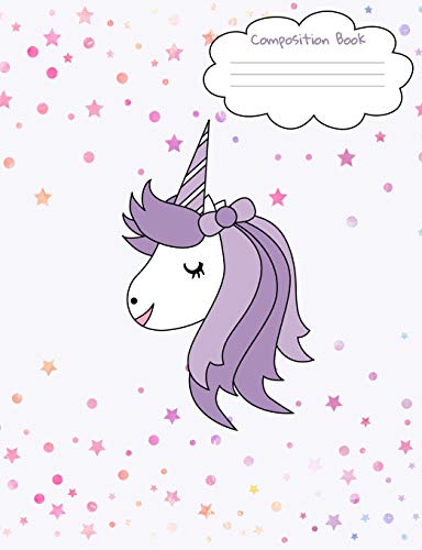 Composition Book: Unicorn Face Back To School Notebook For Girls - Purple Unicorn Face Front And Back Cover With Cute Confetti Stars And Dots