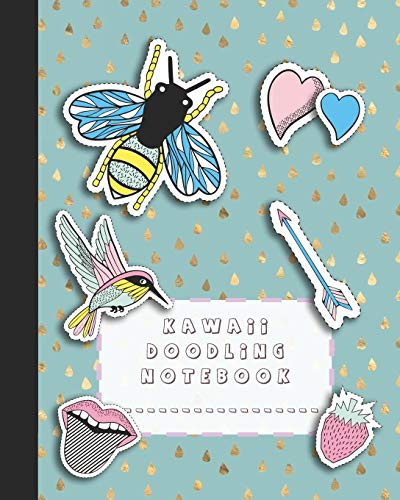 Kawaii Doodling Notebook: A Large Composition Notebooks With Colouring Pages For The School Dreamer Who Likes To Doodle Whilst Studying - Turquoise ... Background With Bees, Birds And Cute Patches
