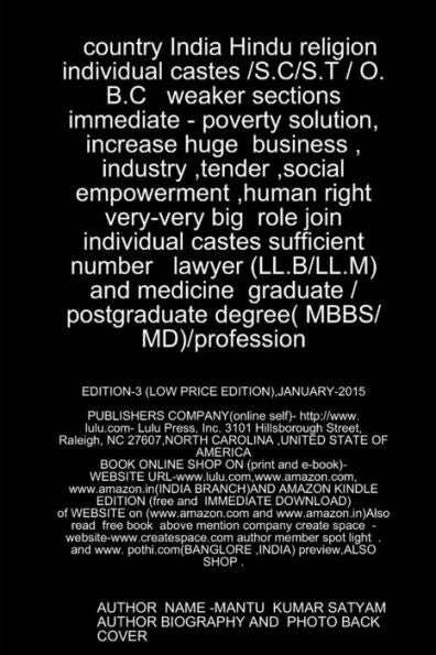 India Hindu Religion Individual Castes /S.C/S.T / O.B.C Weaker Sections Immediate - Poverty Solution, Increase Huge Business, Industry, Social ... Number Lawyer/Medicine (Mbbs) Ug/Pg Degree