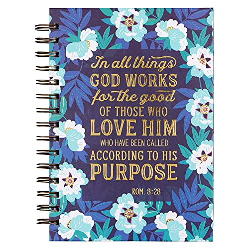 Large Hardcover Notebook/Journal | In All Things ? Romans 8:28 Bible Verse | Blue Floral Inspirational Wire Bound Spiral Notebook w/192 Lined Pages, 6? x 8.25?
