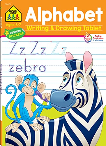 School Zone - Alphabet Writing & Drawing Tablet Workbook - 96 Pages, Ages 3 To 7, Preschool, Kindergarten, 1St Grade, Ruled Lined Paper, Letters, Tracing, Stickers, And More (Easy-Tear Top Bound Pad)