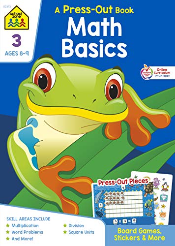 School Zone - Math Basics Press-Out Workbook - 64 Pages, Ages 8 To 9, 3Rd Grade, Manipulatives, Board Games, Multiplication, Word Problems, Division, Equations, Square Units, Stickers, And More