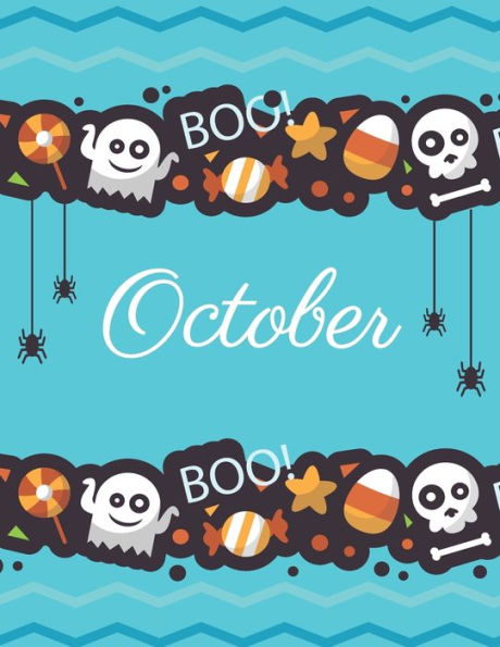 October : Boo Boo Halloween Blue Cover And Dotted Pages, Extra Large (8. 5 X 11) Inches, 110 Pages, White Paper