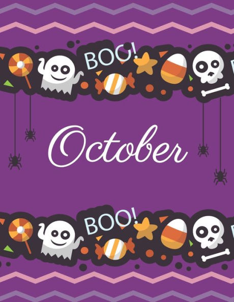 October : Boo Boo Halloween Purple Cover And Dotted Pages, Extra Large (8. 5 X 11) Inches, 110 Pages, White Paper