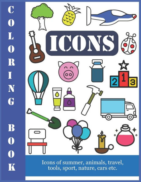 Coloring Book Icons: Icons of summer, animals, travel, tools, sport, nature, cars etc.