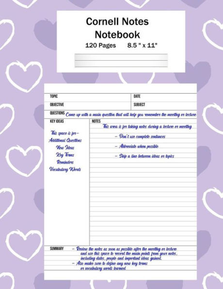Cornell Notes Notebook: Note Taking System, For Students, Writers, Meetings, Lectures Large Size 8.5" x 11" (21.59 x 27.94 cm), Durable Matte Purple Hearts Cover Design , 120 Pages