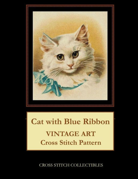 Gato con cinta azul: patrón de punto de cruz de arte vintage