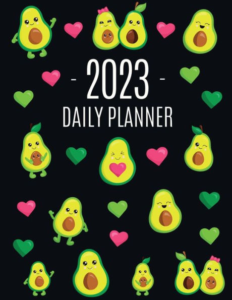 Planificador diario de aguacate 2023: Organizador de frutas divertido y saludable: enero-diciembre (12 meses) Lindo planificador anual de bayas verdes con bonitos corazones rosados