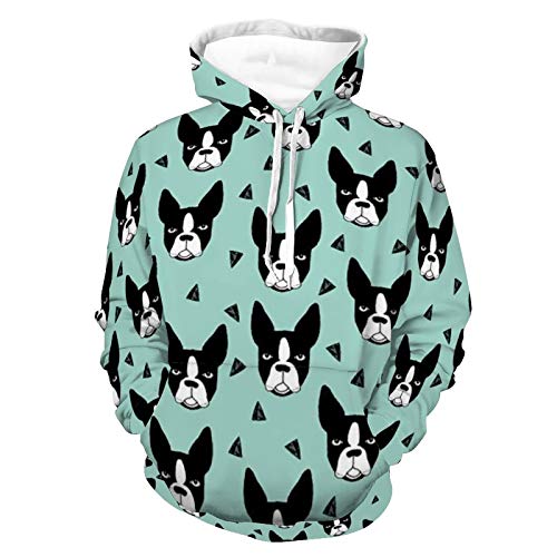 Unisex Realistic Print Hoodie Boston Bull Terrier Dog Pattern Pullover Hooded Sweatshirt Long Sleeve Casual Sweater With Pocket For Women Men