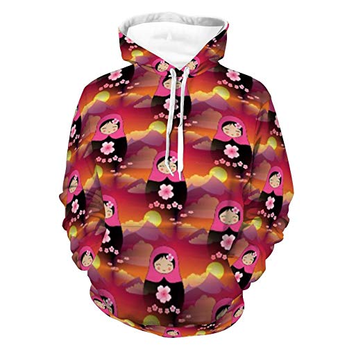 Unisex Long Sleeve Pullover Hoodies Womens Mens Asian Matrioschka Pattern Super Soft Hooded T-Shirts with Pocket