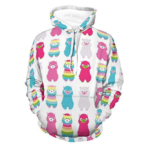 Unisex Long Sleeve Pullover Hoodie Sweatshirts Womens Mens Baby Alpaca Llama Rainbow Pattern Super Soft Hooded T-Shirts with Pocket