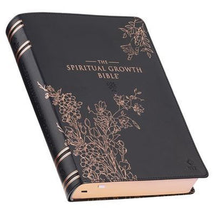 The Spiritual Growth Bible, Study Bible, Nlt - New Living Translation Holy Bible, Faux Leather, Black Rose Gold Debossed Floral