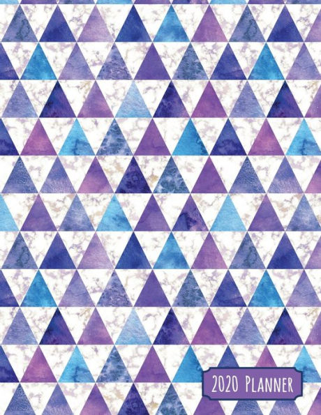 Planificador 2020: estampado de triángulos azules y morados en acuarela, planificador diario, semanal y mensual con fechas, páginas para colorear de mandalas de afirmación positiva, ... y rastreadores de estado de ánimo, afirmaciones y días festivos