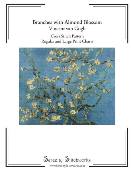Patrón de punto de cruz de ramas con flores de almendro - Vincent van Gogh: esquema de punto de cruz con letras regulares y grandes