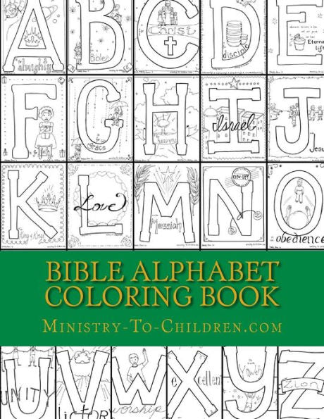 Libro para colorear del alfabeto bíblico: hojas para colorear con temática cristiana para cada letra del alfabeto.
